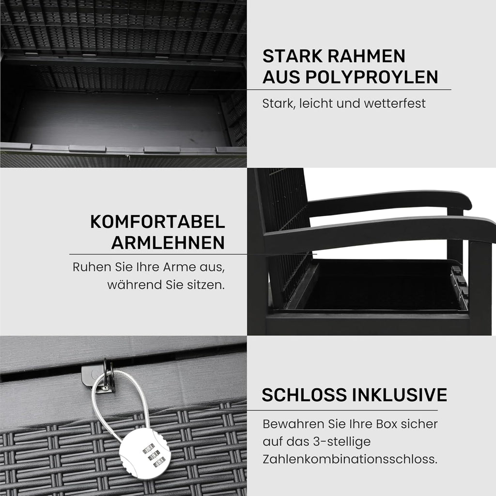 Banco de jardín con almacenamiento Olsen & Smith de 265 litros, resistente a la intemperie, arcón con cerradura, caja de almacenamiento para cojines, plástico impermeable, para herramientas, juguetes, mantas y más, negro