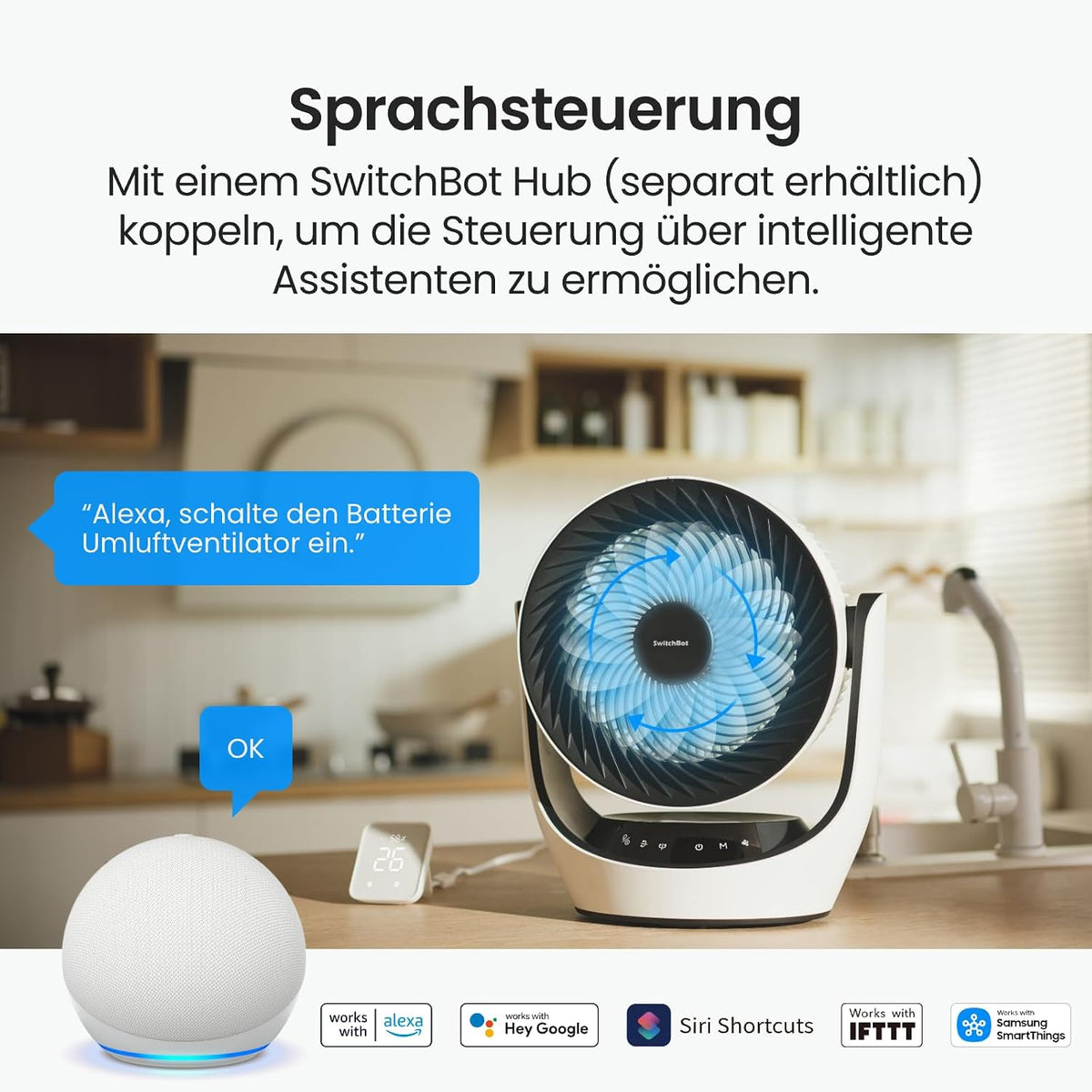 SwitchBot USB Tischventilator, leistungsstarker 24 dB leiser Batterie-Umluftventilator, Kompatibel mit Alexa/Google/Siri (Hub erforderlich), 4 Modi, 9-Std-Timer, Energieeffizienter Umluftventilator