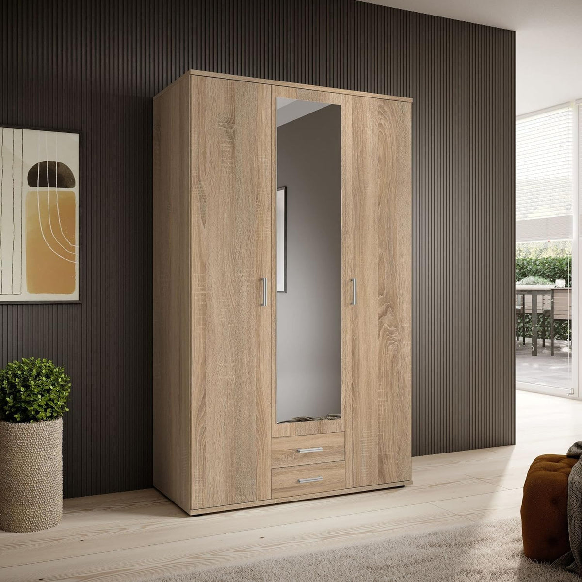 KARL Eleganter 3-türiger Kleiderschrank mit viel Stauraum - Mehrzweckschrank Sonoma Eiche mit Spiegeltür - 120 x 195 x 55 cm