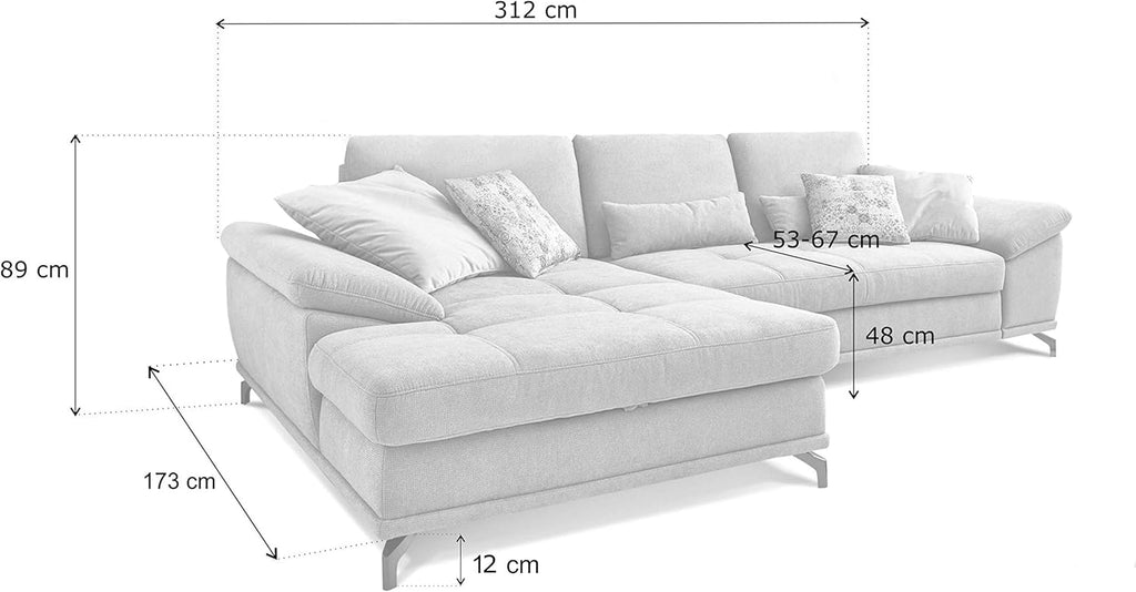 Cavadore L-Form-Sofa Castiel mit Federkern / Große Eckcouch mit Sitztiefenverstellung und XL-Longchair / 312 x 89 x 173 / Webstoff, Hellgrau