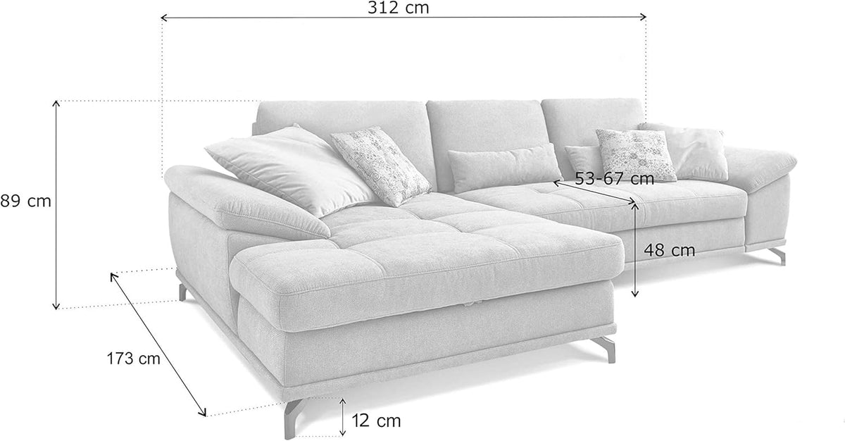 Cavadore L-Form-Sofa Castiel mit Federkern / Große Eckcouch mit Sitztiefenverstellung und XL-Longchair / 312 x 89 x 173 / Webstoff, Hellgrau