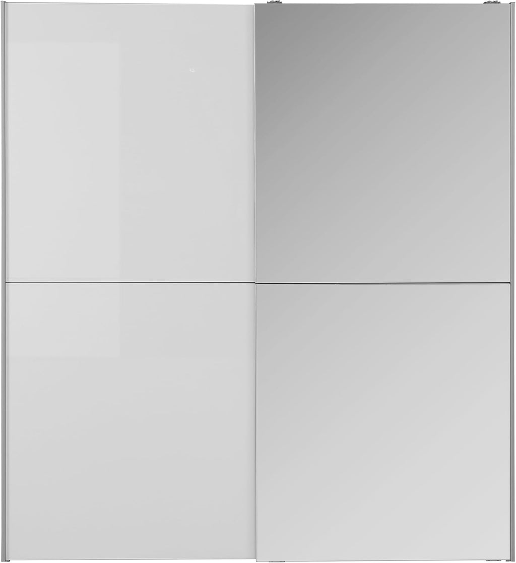Armario Forte KAIKAIS 170, moderno armario de puertas correderas, 2 puertas, espejo, dormitorio, aglomerado de madera, blanco alto brillo, 170,3 cm de ancho x 190,5 cm de alto x 61,2 cm de profundidad