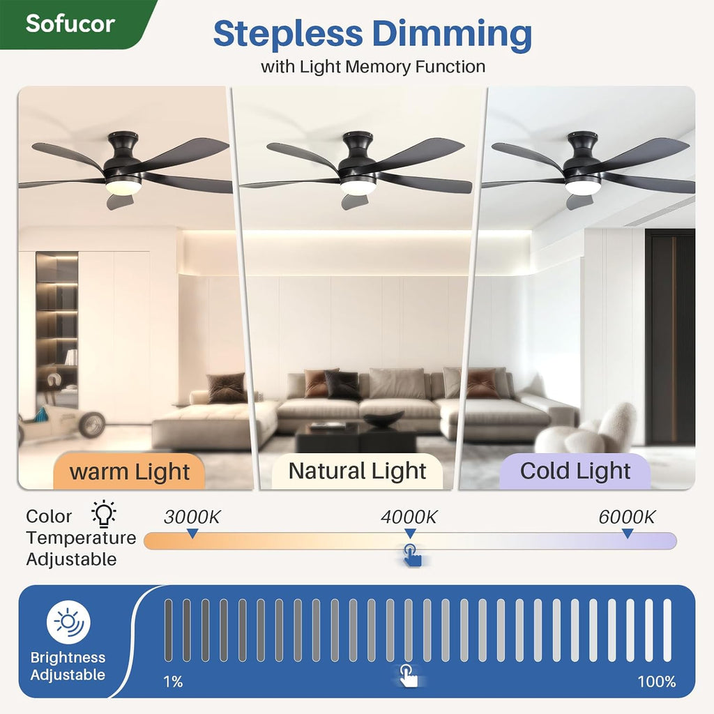 Ventilador de techo inteligente Sofucor con iluminación, ventilador de techo de 132 cm con luz, Alexa/APP, control remoto, 3 temperaturas de color, temporizador, 6 velocidades, motor CC silencioso para dormitorio y salón