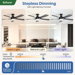Ventilador de techo inteligente Sofucor con iluminación, ventilador de techo de 132 cm con luz, Alexa/APP, control remoto, 3 temperaturas de color, temporizador, 6 velocidades, motor CC silencioso para dormitorio y salón