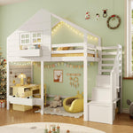 Etagenbett, Hochbett, Kinderbett 90x200cm mit Rausfallschutz und Stauraumtreppe, Jugendbett, mit Fenster, Massivholz, weiß