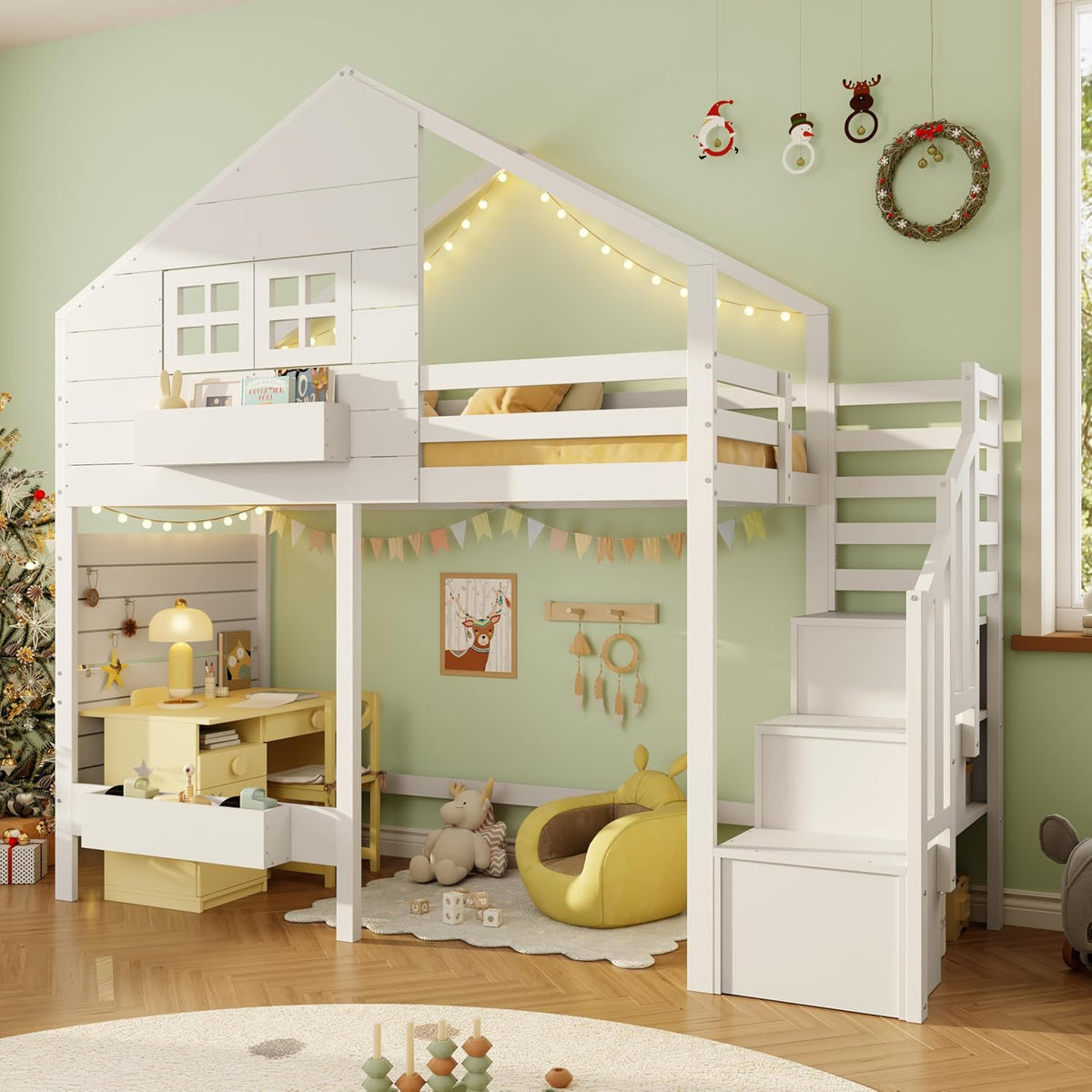 Etagenbett, Hochbett, Kinderbett 90x200cm mit Rausfallschutz und Stauraumtreppe, Jugendbett, mit Fenster, Massivholz, weiß
