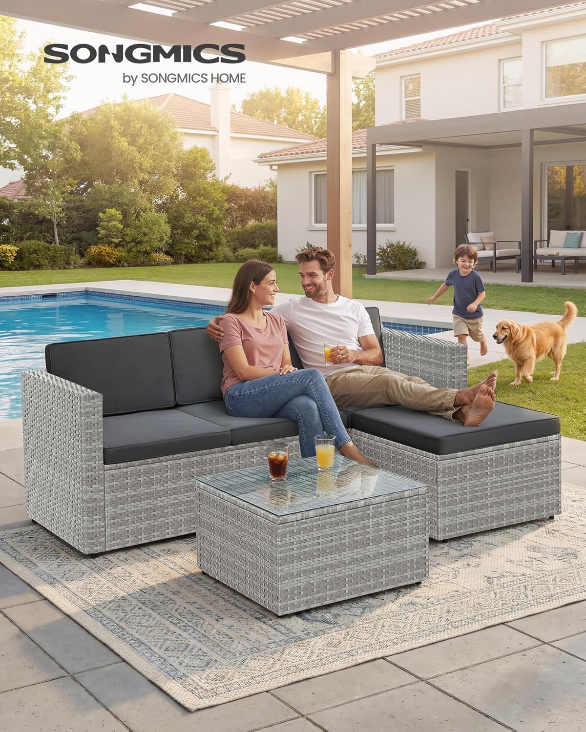 Set de muebles de jardín SONGMICS, muebles de balcón de ratán sintético PE, muebles de terraza, sofá esquinero, exterior, ratán tejido a mano, conjunto lounge, con cojines y mesa de cristal, gris GGF005G05