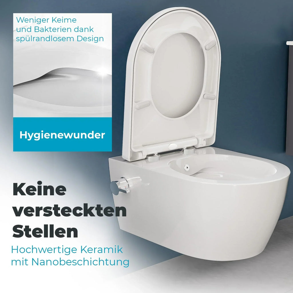 Inodoro con bidet suspendido SSWW sin reborde, 52 cm, boquilla de acero inoxidable, asiento de duroplast con cierre suave, revestimiento nano, agua fría y caliente