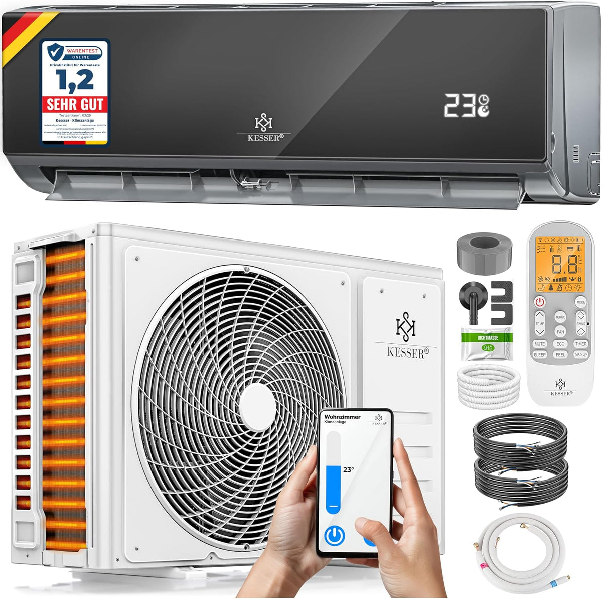 Set de aire acondicionado Split KESSER®, función WiFi/App, refrigeración A++/calefacción A+, 18000 BTU/h (5.300W) muy silencioso, refrigerante R32, mando a distancia, función de temporizador, material de montaje, antracita