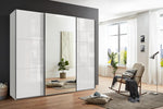 Schwebetürenschrank 3-türig B250/H216/T65 cm Weiß m. Glasfront, Spiegel, schwarzen Griffleisten, inkl. Selbsteinzug, Kleiderschrank m.Einlegeböden, Kleiderstangen, Schubladen, Wäscheeinteilung / 22033