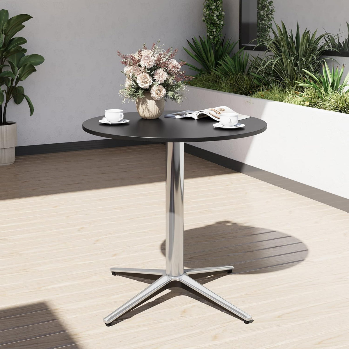 PHI VILLA Mesa de bistró 2 en 1 redonda, resistente a la intemperie, mesa de comedor pequeña multifuncional para taberna, jardín, balcón, cocina, Ø76x74,5 cm, negro