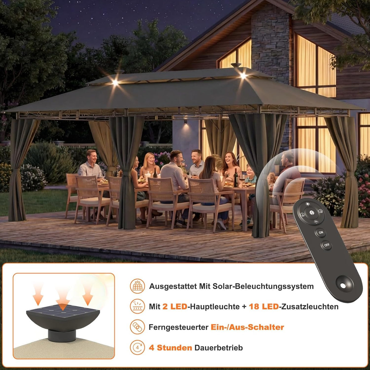 Devoko Garden Pavillon 3x6 Wasserdicht Stabil Winterfest Deluxe Gazebo, UV-Schutz 50+ Doppellagiges Grilpavillons mit seitenwänden für 10-20 Personen, Partyzelt für Freizeit, Partys, Grau mit LED
