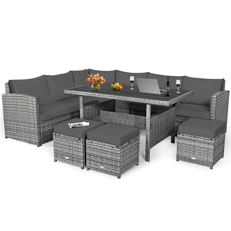 Conjunto de muebles de comedor para patio de 7 piezas de ratán con sofá seccional, mesa de comedor, otomanas y cojines