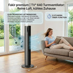 Ventilador de torre Fakir Premium TV° 640 - Ventilador silencioso de 32dB(A), motor CC, 12 niveles, temporizador de 12h, pantalla LED, mando a distancia y oscilación de 90°, purificación de aire, 450m³/h, 110cm de altura, color: antracita