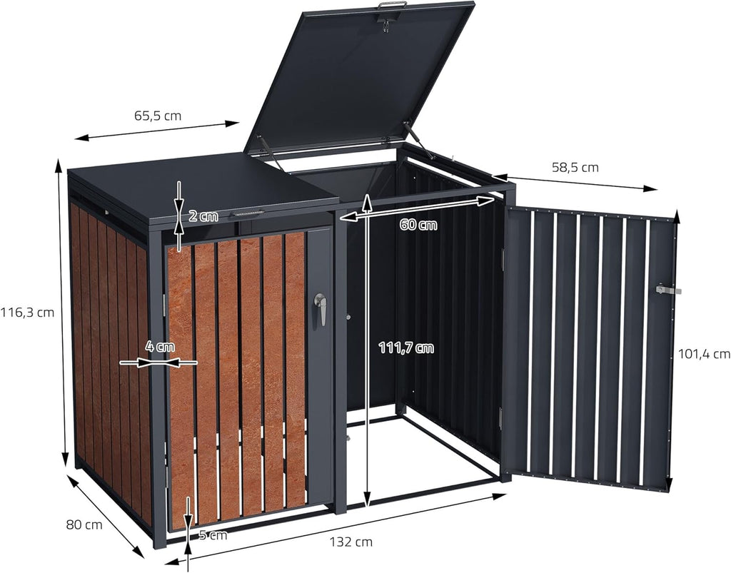 ML-Design Mülltonnenbox 3er 240L, Mülltonnenverkleidung für 3 Mülltonnen, Müllbox wetterfest, Mülltonnenhaus aus Stahl, Müllcontainer mit Deckel, abschließbare Tür, 200x80x116,3 cm Anthrazit-Rostoptik