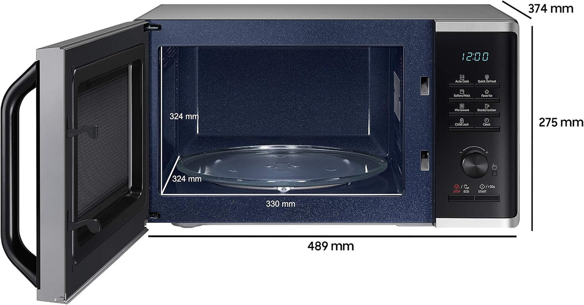 Samsung MS2AK3515AS/EG Mikrowelle, 800 W, 23 ℓ Garraum, 48,9 cm Breite, Kratzfester Keramik-Emaille-Inneraum, QuickDefrost Auftauprogramme, Silber