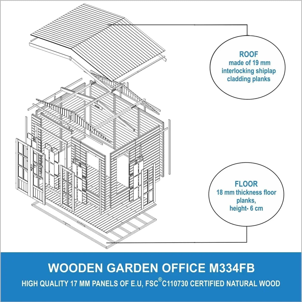 TIMBELA Caseta de jardín de madera de 6 m2 - Cobertizo de jardín exterior con suelo, ventana, puerta doble - Cabaña de jardín para trabajar en casa - con tejas bituminosas verde M334FB+H334FBGREEN