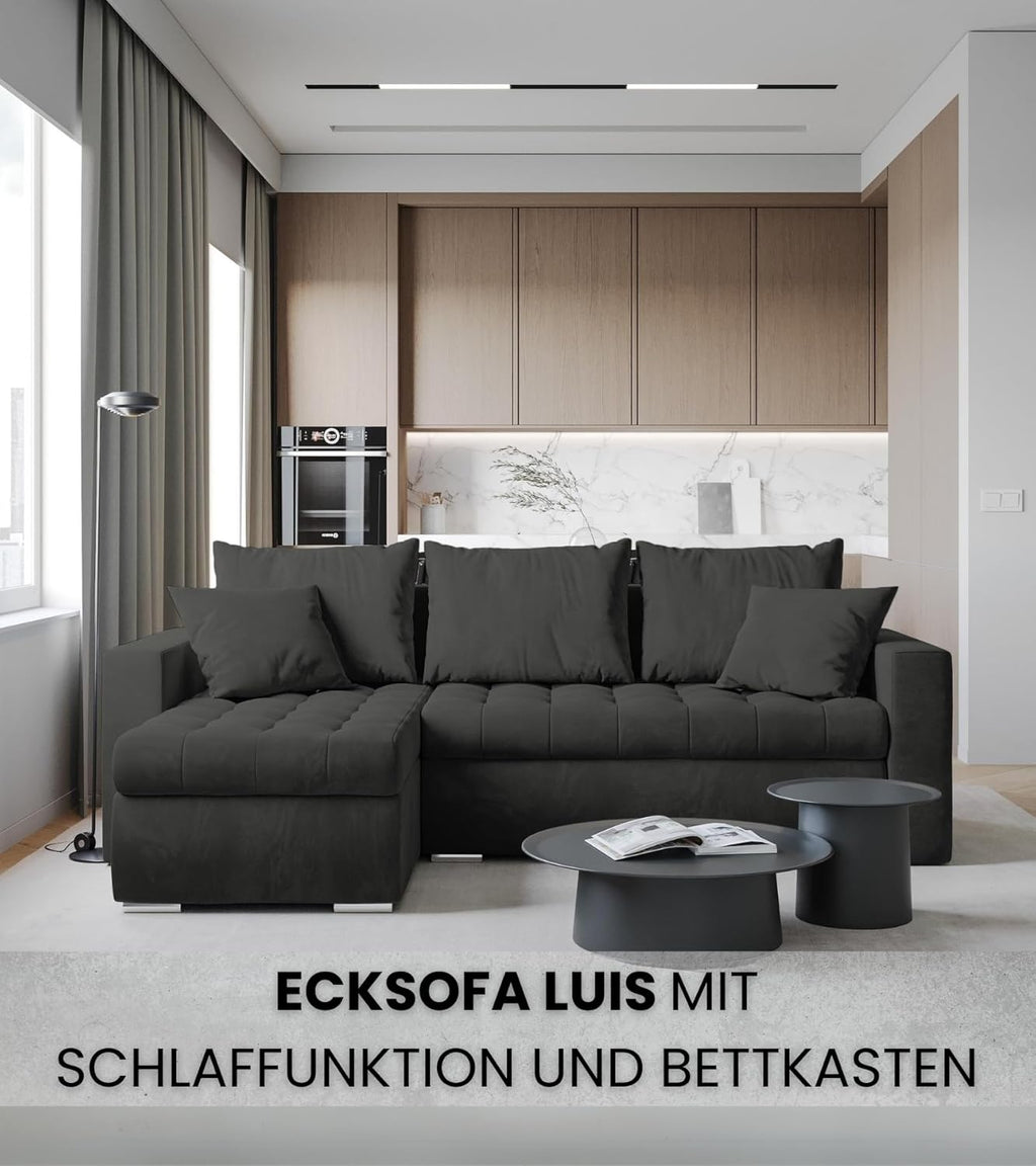 BROMARKT Sofa mit Schlaffunktion Ecksofa L-Form Schlafsofa Couch Bettkasten Wohnzimmer Möbel LUIS Couch 3 Sitzer Bett mit Bezugbehalter 238x150x72 Hellgrau