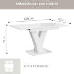 Malvi - Esstisch Ausziehbar auf 160 cm - 120x80x75 cm - Modern - Dinner Table - Esszimmertisch - Tisch für Esszimmer, Wohnzimmer - Ausziehtisch - Weiß Hochglanz
