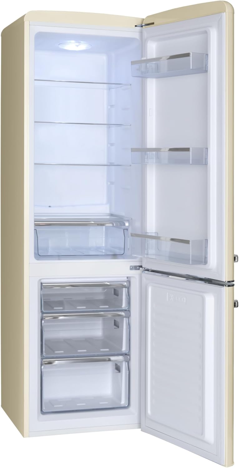 Amica Retro Kühl-Gefrierkombination 244L 181 x 55 x 61,5cm KGCR 387 101 B | 181L Kühlteil 63L Gefrierteil, LED Beleuchtung, Automatische Abtauung, Sicherheitsglas, Chrom-Flaschengitter, Leiser Betrieb