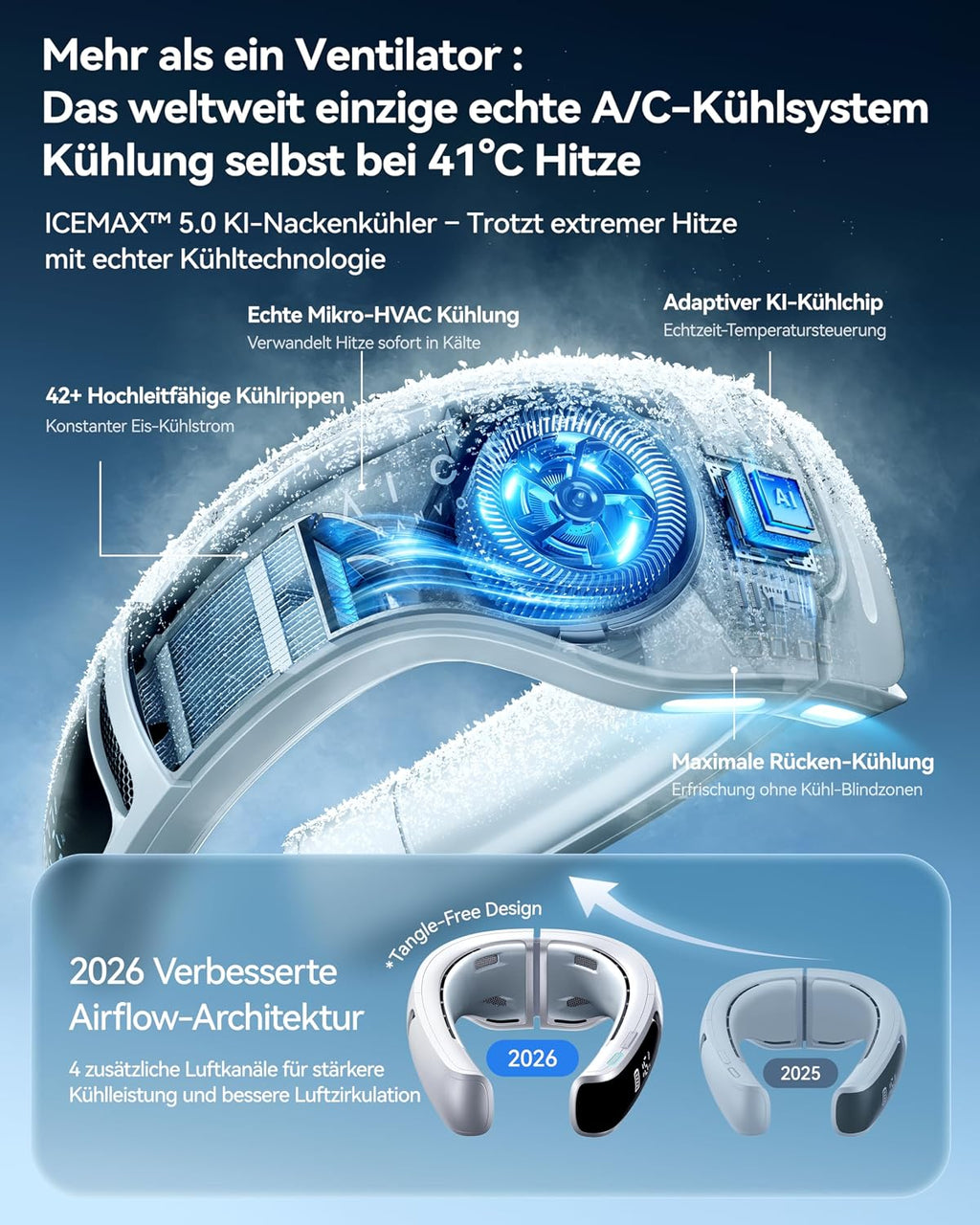 RANVOO AICE LITE MAX 2026 KI Nacken Klimaanlage [#1 Kühlster & Langlebigster] Arktischer Wind, Immenser Nackenlüfter 6000mAh Akku, Tragbarer Ventilator bläst kalte Luft, Sommer Geschenk Frostsilber