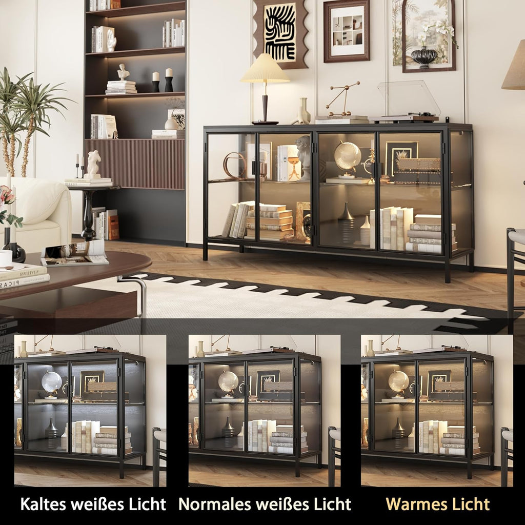Caldion Modernes Glasvitrine mit LED-Beleuchtung,140×40×75cm,Vitrinenschrank aus gehärtetem Glas und MDF,Eisen, Glasschrank mit 3-Farbiger Beleuchtung, für Wohnzimmer,Büro