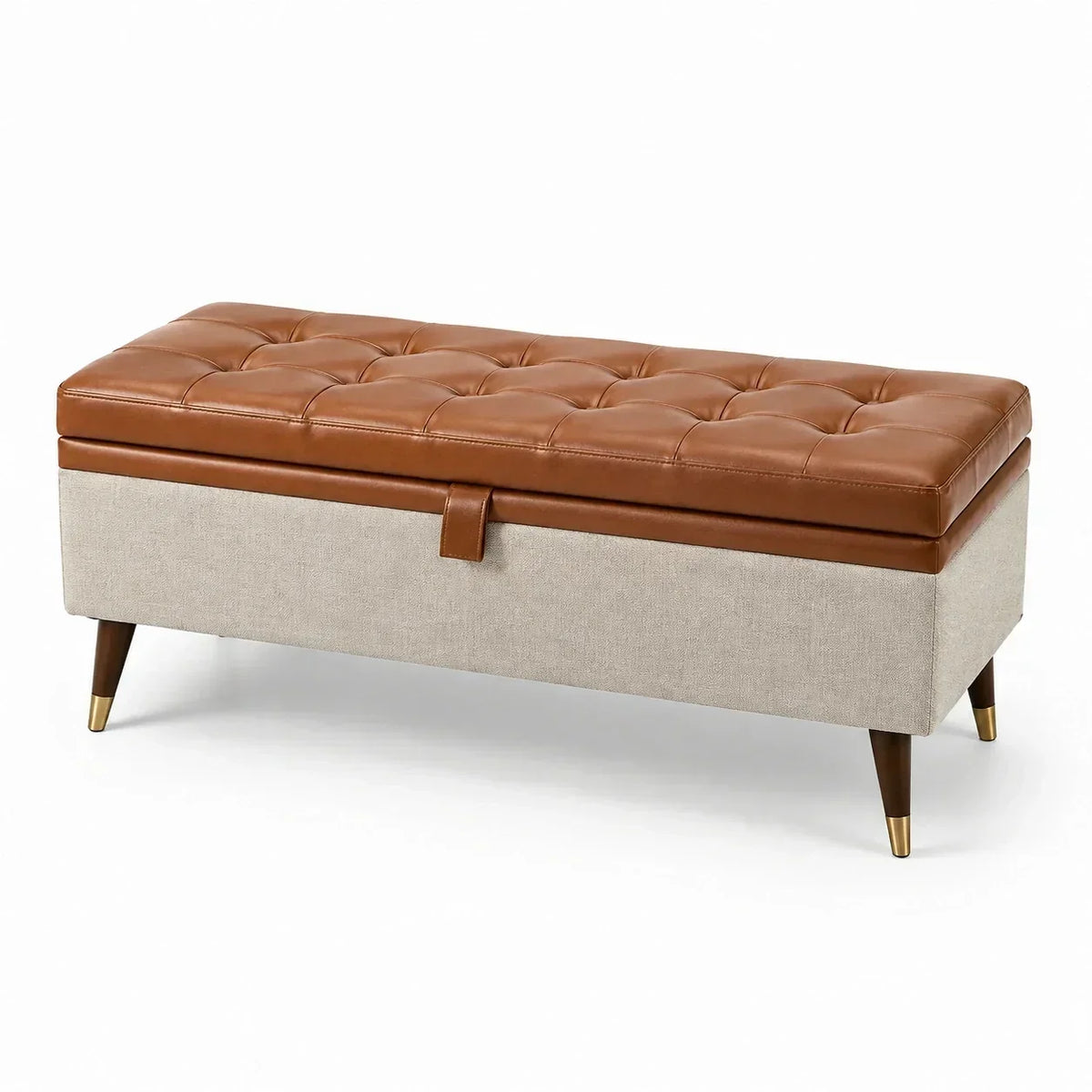 Banco con espacio de almacenamiento de cuero y lino, 100 cm, marrón y beige