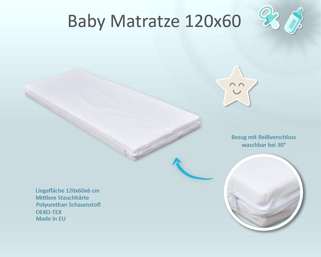 Set completo de cuna Baby Delux, cama casita de 60x120 cm, color blanco, con cajón, barrera anticaídas, colchón, ropa de cama y set de decoración (Prince Stars)