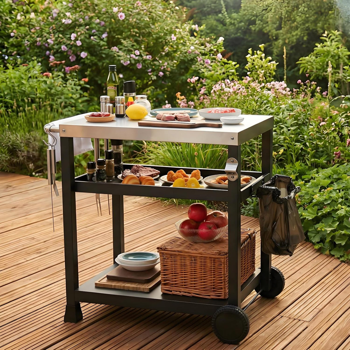 LIFERUN Edelstahl Grillwagen 3 Etagen, Grilltisch Outdoor mit Edelstahl Tischplatte, Grill Beistelltisch Servierwagen, Garten Trolley Küchenwagen mit Rollen Haken, BBQ Beistellwagen Außenbereich
