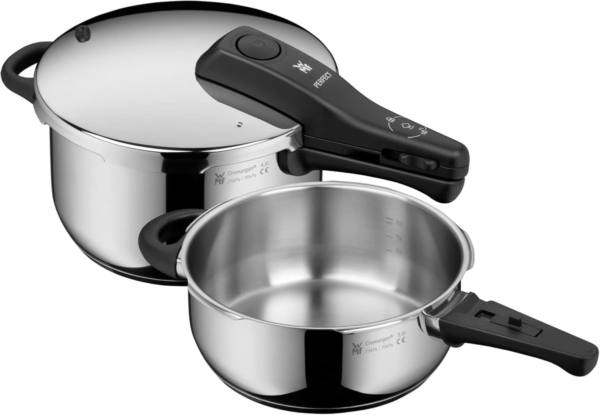 Juego de olla a presión WMF Perfect One Pot para inducción, 2 piezas, ollas a presión de 4,5 l y 3 l, señal de cocción grande, 2 niveles de cocción, mango de tapa extraíble, apto para todo tipo de cocinas, acero inoxidable