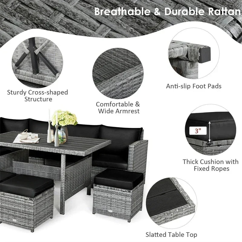 Conjunto de muebles de comedor para patio de 7 piezas de ratán con sofá seccional, mesa de comedor, otomanas y cojines
