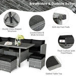 Conjunto de muebles de comedor para patio de 7 piezas de ratán con sofá seccional, mesa de comedor, otomanas y cojines