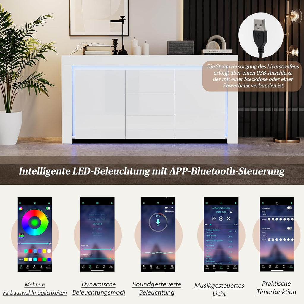ModernLuxe LED Sideboard Hochglanz Wohnzimmer Beistellschrank 140x40x65cm,3 Schubladen & 2 Türen, Moderne Kommode mit Stauraum für Flur, Büro und Wohnzimmer, Weiß