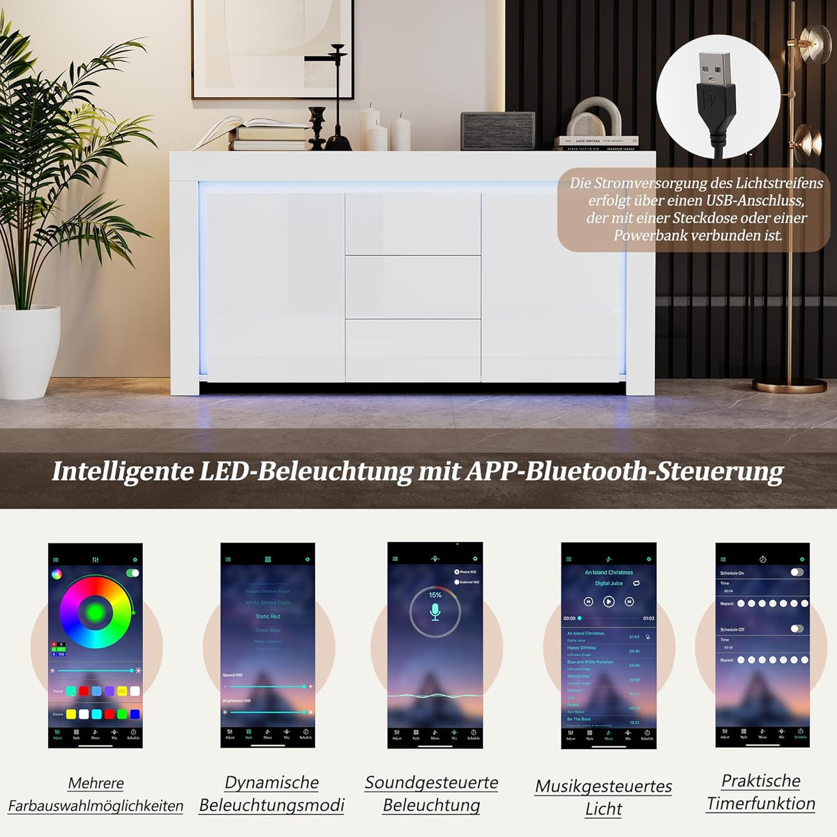 ModernLuxe LED Sideboard Hochglanz Wohnzimmer Beistellschrank 140x40x65cm,3 Schubladen & 2 Türen, Moderne Kommode mit Stauraum für Flur, Büro und Wohnzimmer, Weiß