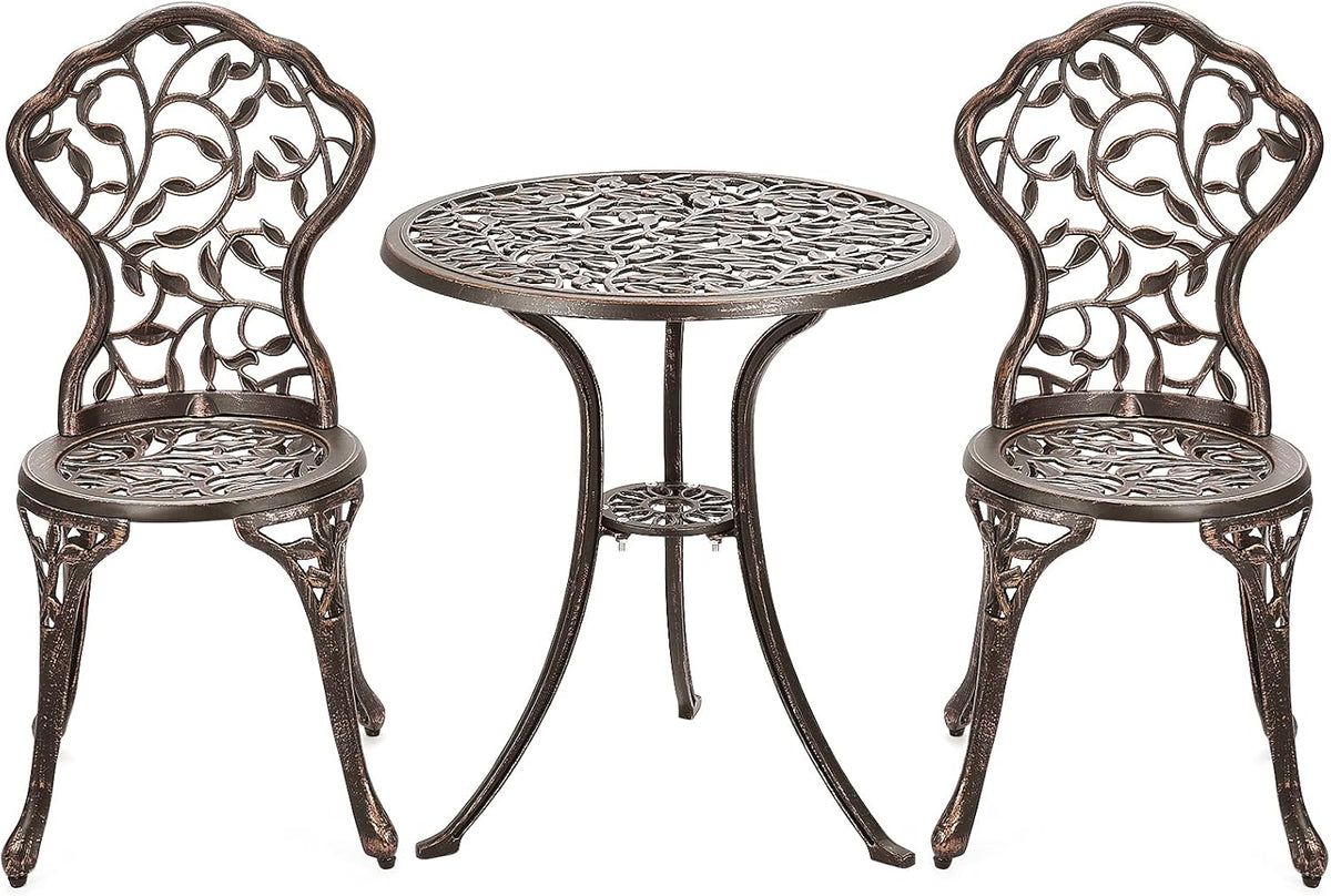 GIANTEX 3 TLG. Bistro Set, Bistrotisch mit 2 Stühlen, Gartenmöbel Set Alu, Gartenset Balkonset antik, runder Gartentisch, Balkonmöbel Set Garten Sitzgruppe 2 Sitzhocker Outdoor Bronze