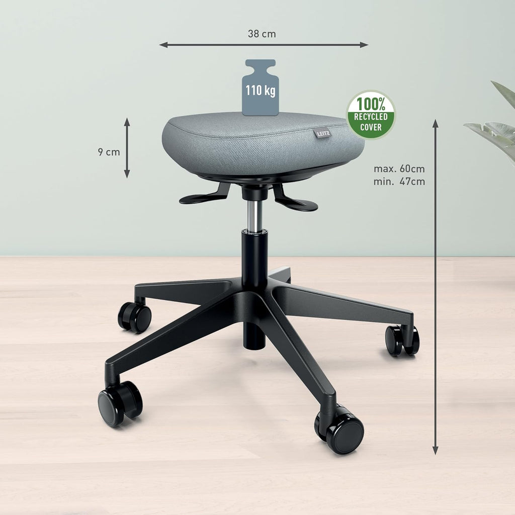 Taburete ajustable en altura Leitz Ergo Active (47–60 cm) con ruedas, taburete de oficina con cojín de asiento, taburete giratorio ergonómico para el hogar, la oficina, el ocio y las aficiones, serie Ergo, negro, 65770095
