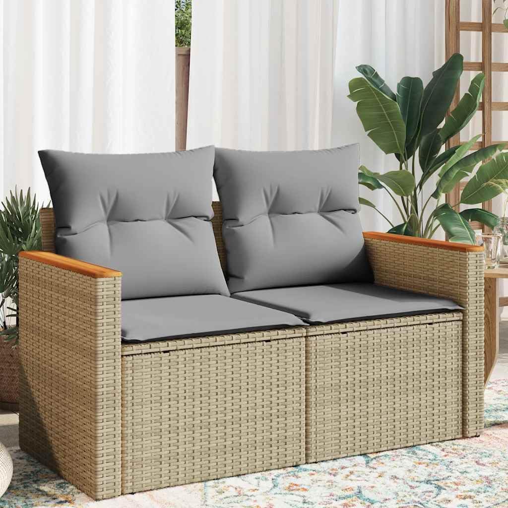 Sofá de jardín vidaXL de 2 plazas con cojines, sofá para jardín y terraza, sofá de terraza con funda extraíble y lavable, muebles de jardín y terraza, ratán sintético beige