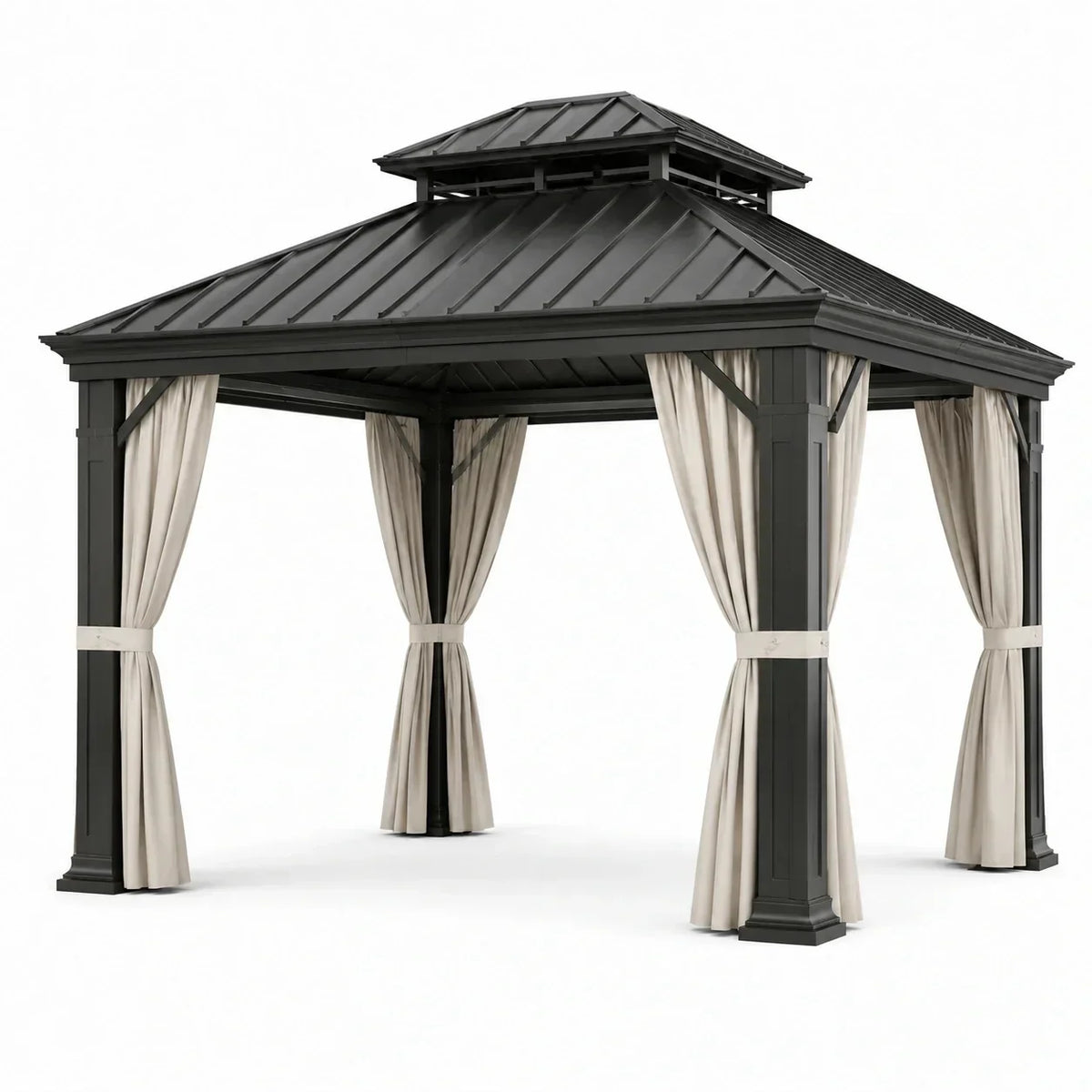 Pabellón de jardín de aluminio negro con cortinas de poliéster