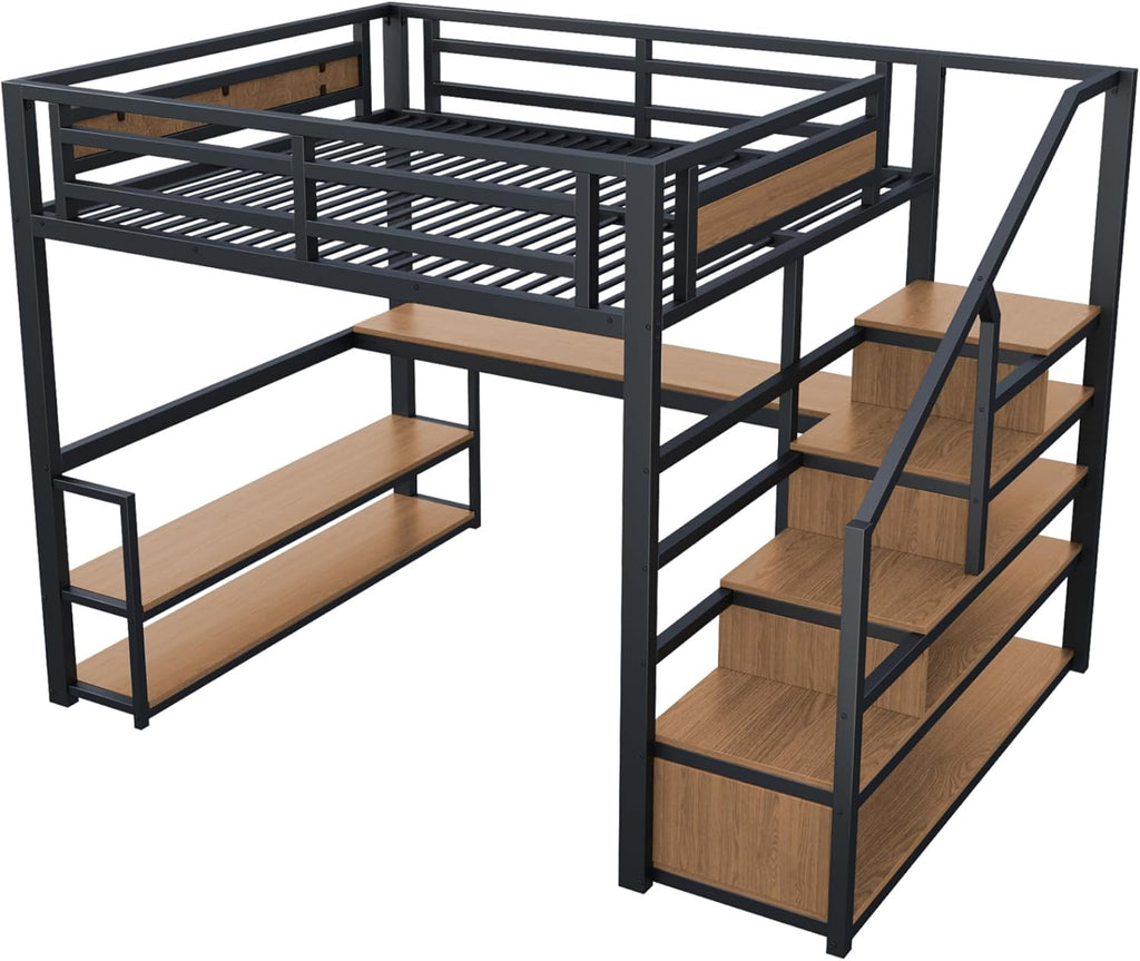 140*200 Metall-Hochbett mit Aufbewahrungsleiter mit Regalen und Tisch, Sicherheitszaun-Design mit gespleißten Metallplanken, Hohes Eisenrahmenbett mit Metallrahmen für stabile Unterstützung (Schwarz)