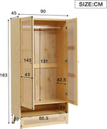 Armario Kebnor con barra, armario de 2 puertas, dormitorio, red de ratán, sala de estar, con tapa abatible inferior, aglomerado + ratán de polietileno, natural