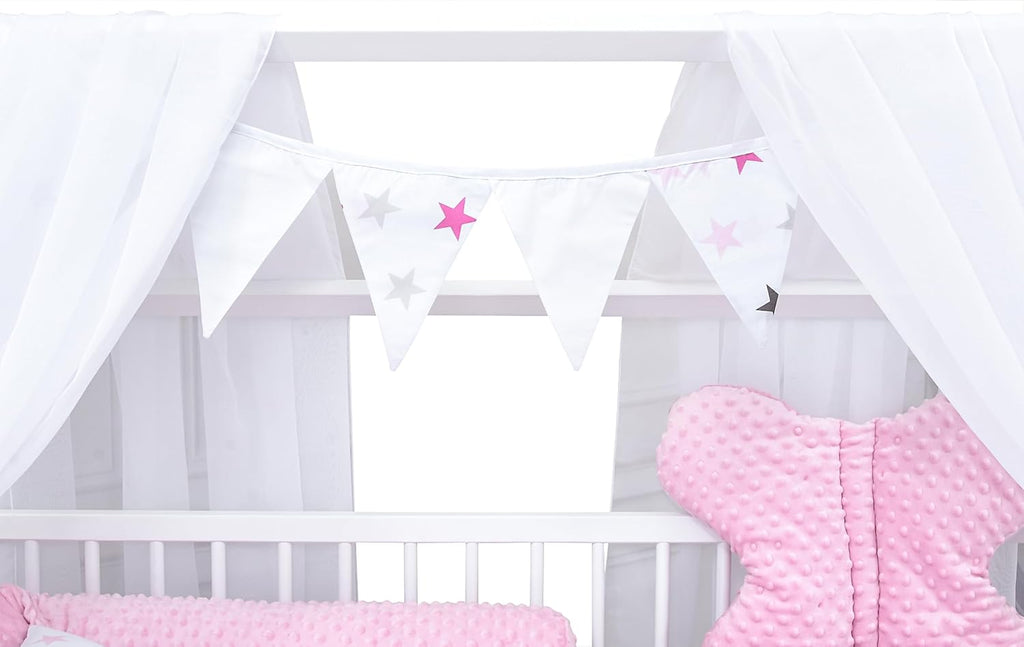 Set completo de cuna Baby Delux, cama casita de 60x120 cm, color blanco, con cajón, barrera anticaídas, colchón, ropa de cama y set de decoración (Prince Stars)