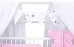 Set completo de cuna Baby Delux, cama casita de 60x120 cm, color blanco, con cajón, barrera anticaídas, colchón, ropa de cama y set de decoración (Prince Stars)