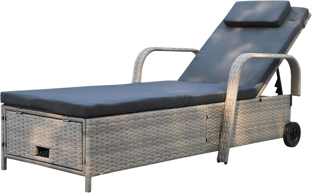 Tumbona de jardín, hamaca de ratán con espacio de almacenamiento y respaldo reclinable, mueble de jardín móvil con cojín, poliratán y metal, 200 x 75 x 30-92 cm (beige/gris oscuro)