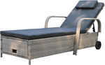 Tumbona de jardín, hamaca de ratán con espacio de almacenamiento y respaldo reclinable, mueble de jardín móvil con cojín, poliratán y metal, 200 x 75 x 30-92 cm (beige/gris oscuro)