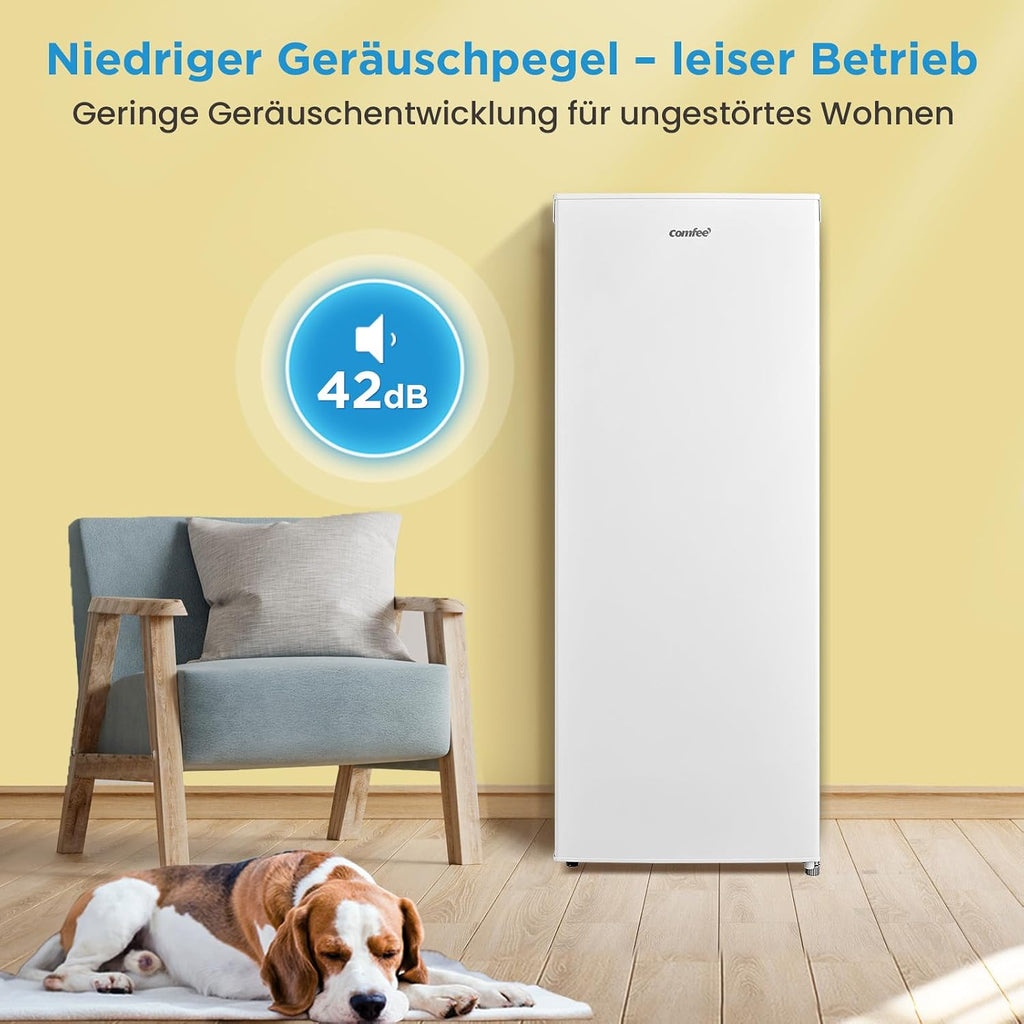 Comfee RCU160WH2(E) Congelador vertical/142 cm de alto/160 L de capacidad/183 kWh/año/Sentido de apertura de puerta reversible/Compresor GMCC de alta calidad/Control de temperatura/Patas ajustables/Blanco