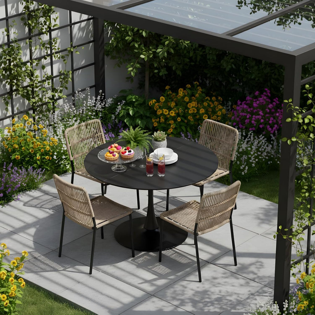 Mesa de comedor redonda de 110 cm, mesa de comedor redonda moderna negra, mesa de cocina para 4-6 personas, mesa de comedor de madera con estructura de metal, mesa redonda para cocina, comedor, salón y balcón, negro