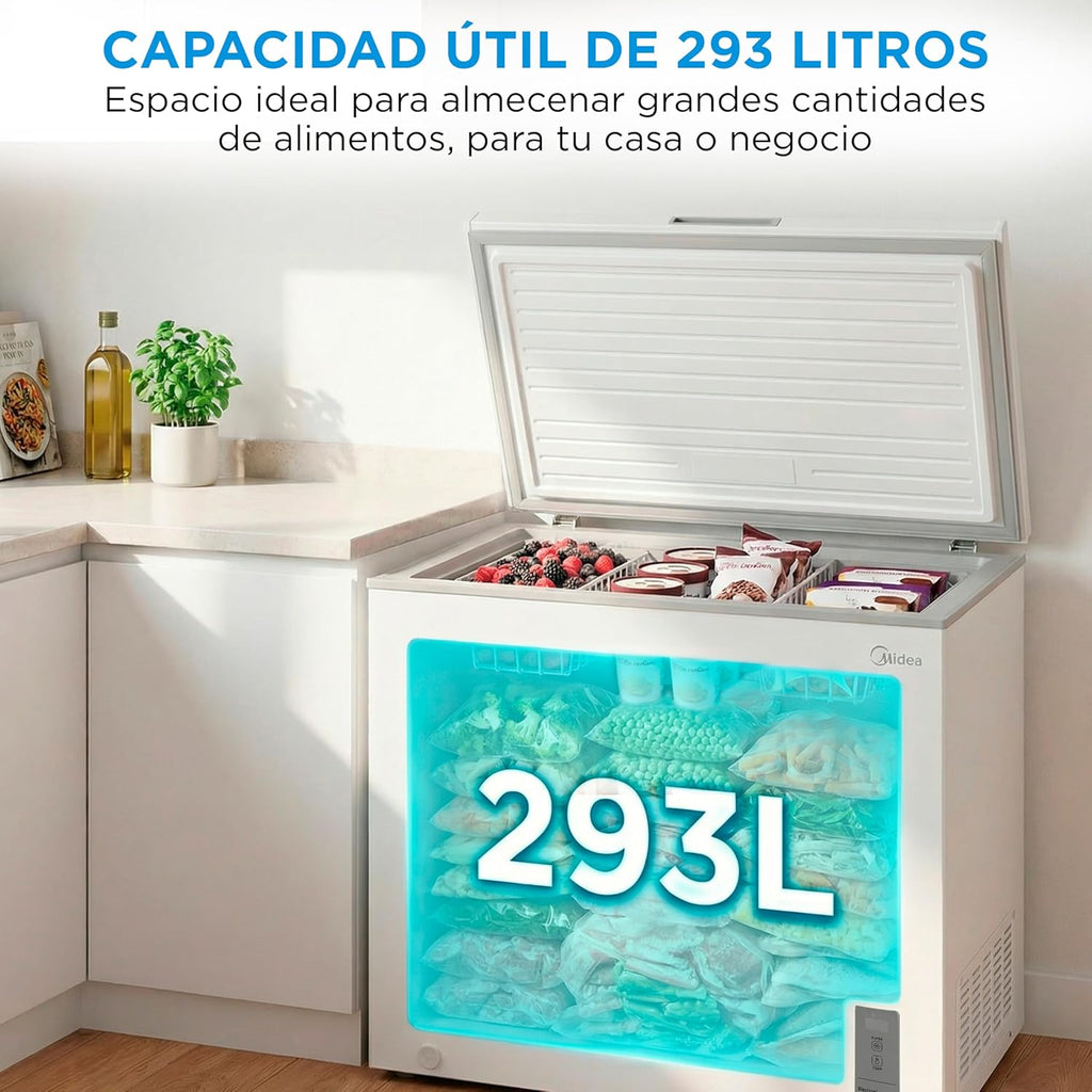Congelador Arcón MIDEA de 293L | Congelador Horizontal Convertible a Frigorífico con Motor Inverter, Control Electrónico de Temperatura, Cestas con Asa | Arcón Silencioso 41 dB de Bajo Consumo