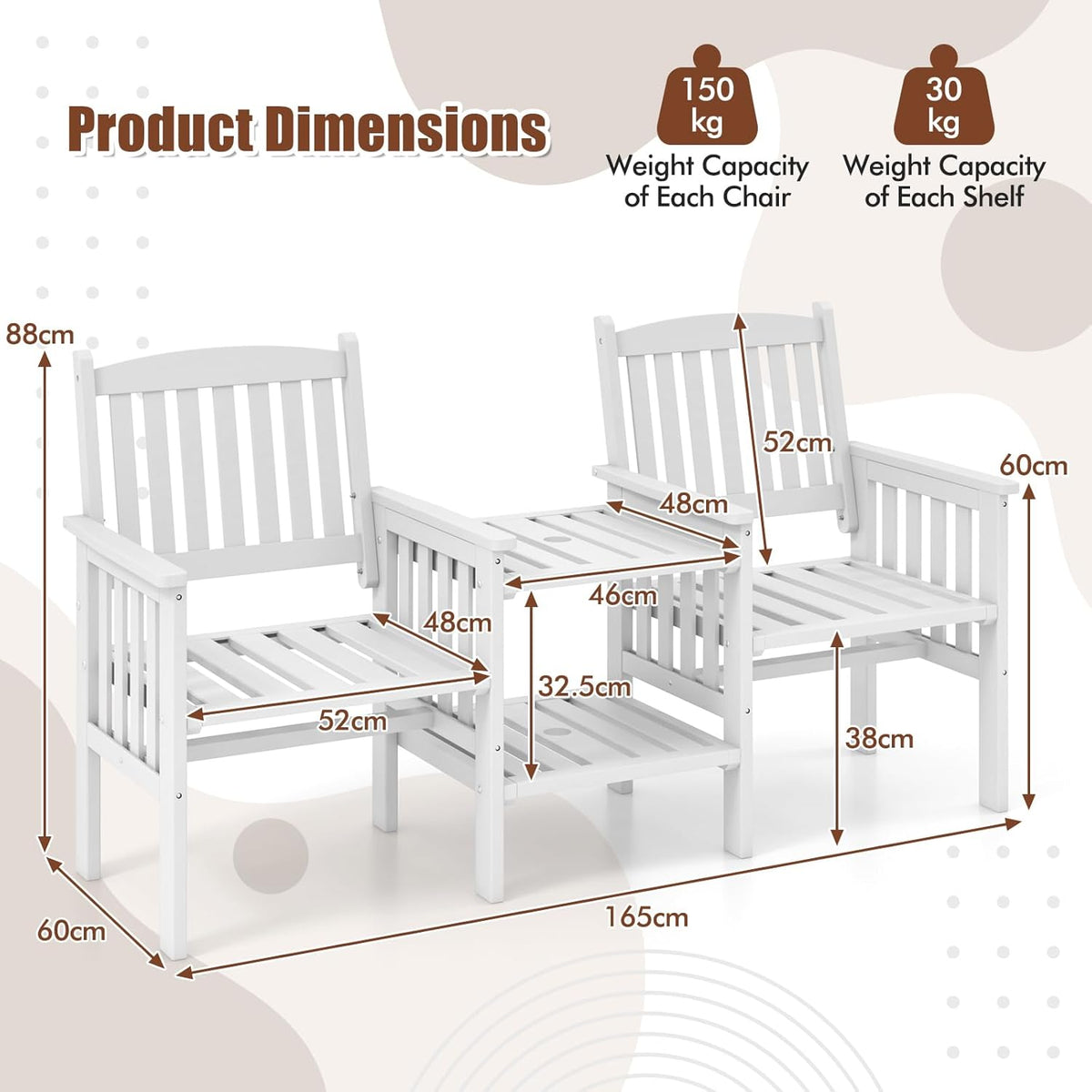 GIANTEX Gartenbank Holz mit Tisch, Holzbank Outdoor 2 Sitzer, Sitzbank Garten mit Schirmloch, Terrassenbank aus Tannenholz bis 330 kg belastbar, Friesenbank Kinobank für Balkon Terrasse 165x60x88 cm