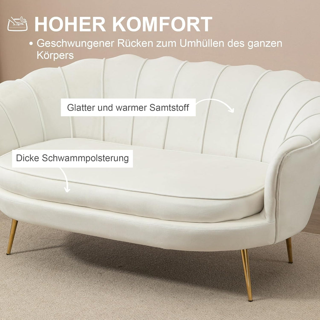HOMCOM Sofa 2 Sitzer Couch mit Armlehne blütenblattförmiger Rückenlehne Dick Gepolstert Polstersofa Modern Doppelsofa mit Samtoptik, Metallbeine für Wohnzimmer, 130 x 77 x 77 cm, Cremeweiß
