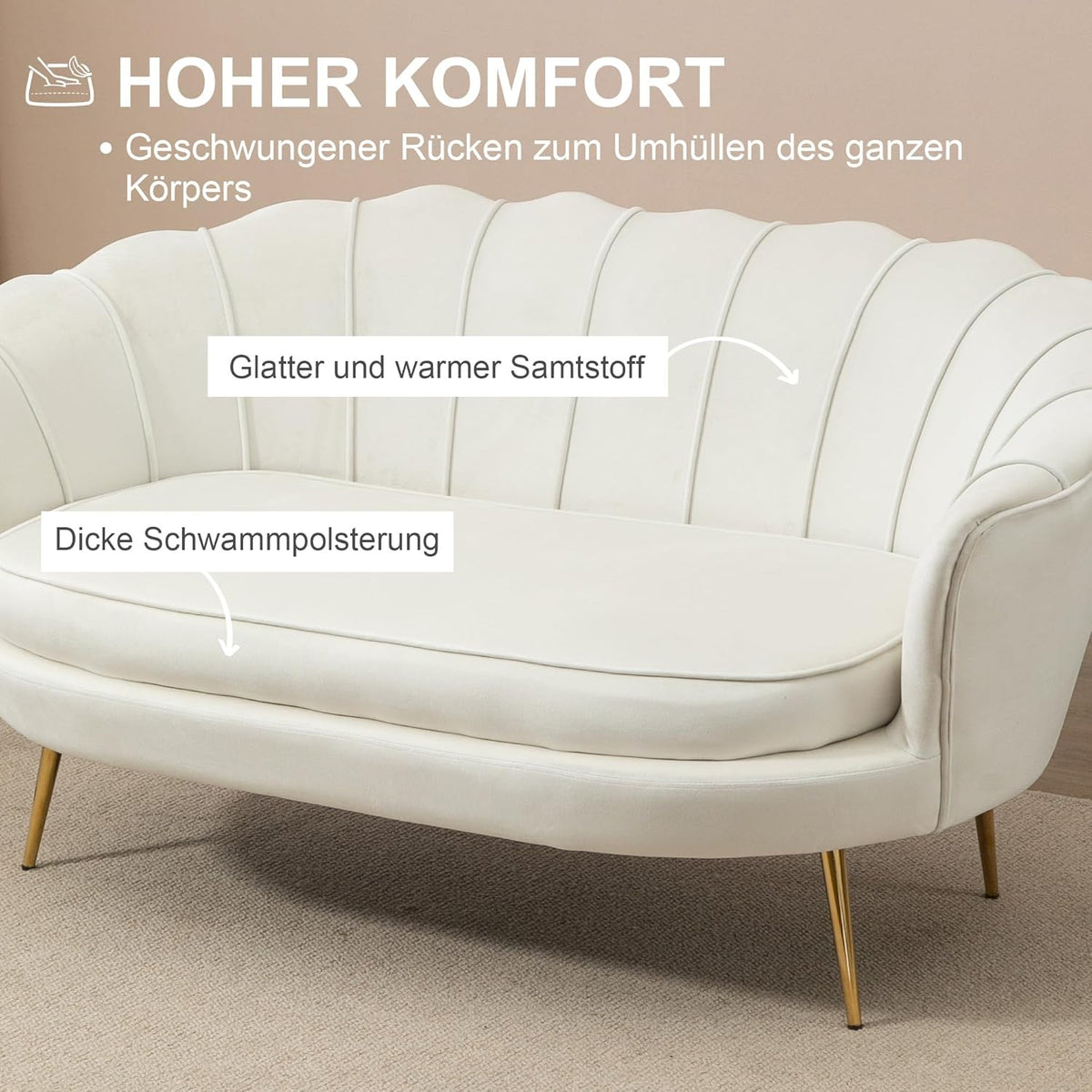 HOMCOM Sofa 2 Sitzer Couch mit Armlehne blütenblattförmiger Rückenlehne Dick Gepolstert Polstersofa Modern Doppelsofa mit Samtoptik, Metallbeine für Wohnzimmer, 130 x 77 x 77 cm, Cremeweiß